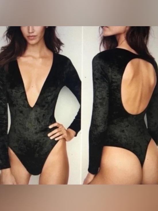 Victoria's Secret Other - Victoria’s Secret XS Black Velvet Long Sleeve Plunge Backless thong Bodysuit